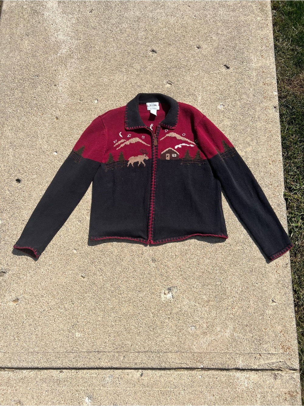 Vintage!! Christopher & Banks Red and Black Zip-Up Knit Sweater with Moose Motif